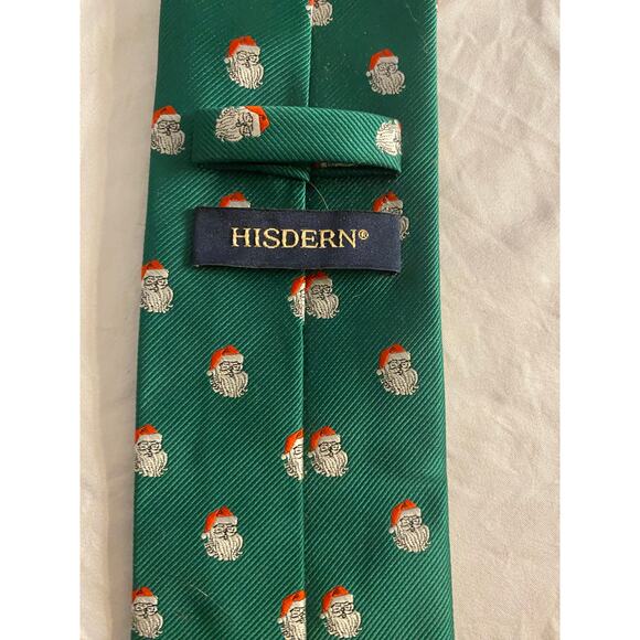 Vintage Holiday Christmas Necktie Green Santa Print Handmade HISDERN Men’s Tie - Picture 4 of 6